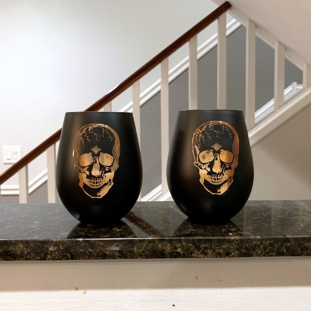 2 Black & Orange Glass Halloween Candleholders Double-Sided Skull + LED Candles